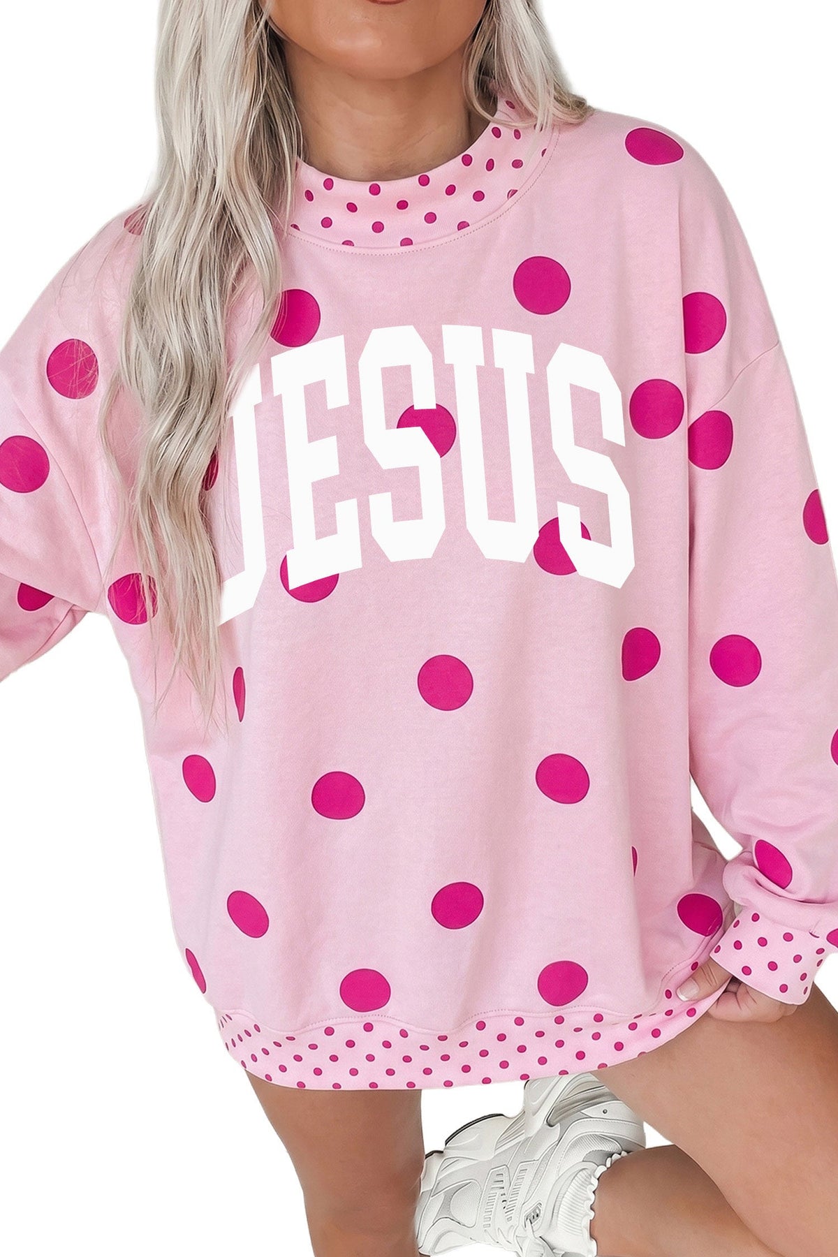 Pink JESUS Christian Slogan Polka Dot Mock Neck Graphic Sweatshirt
