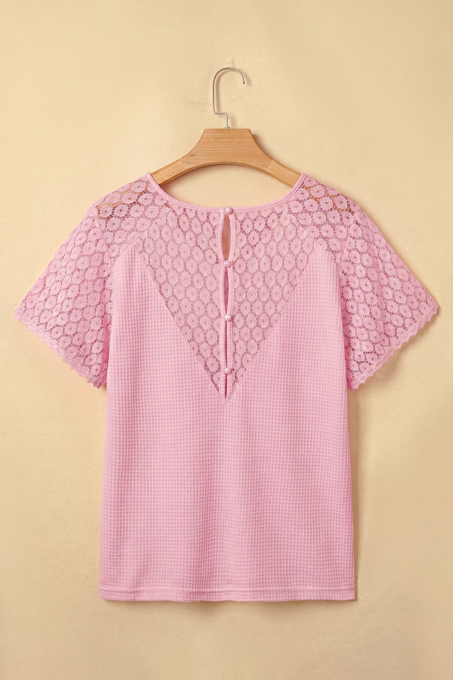 Pink Lace Splicing Button Cutout V Neck Waffle Knit Blouse