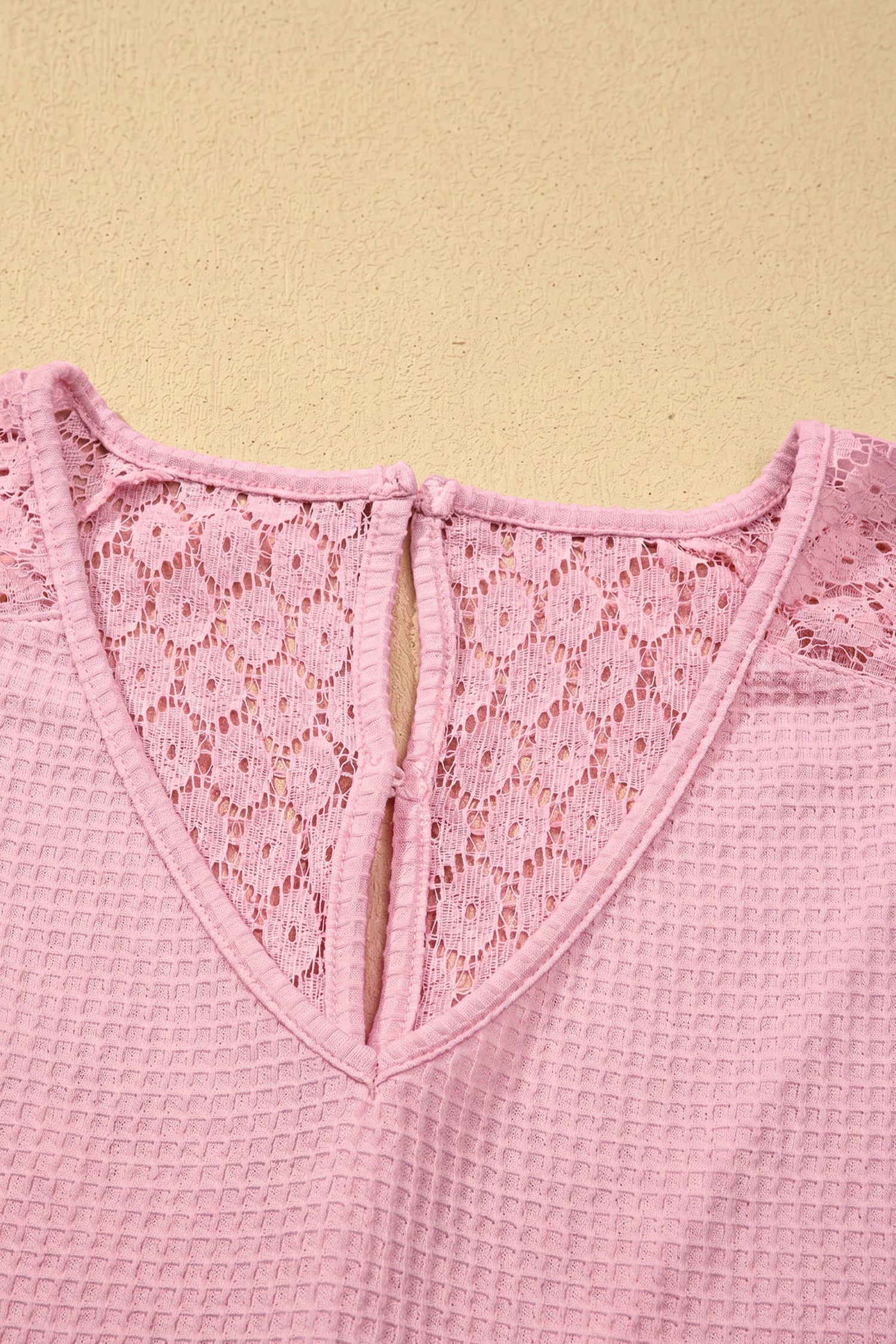 Pink Lace Splicing Button Cutout V Neck Waffle Knit Blouse