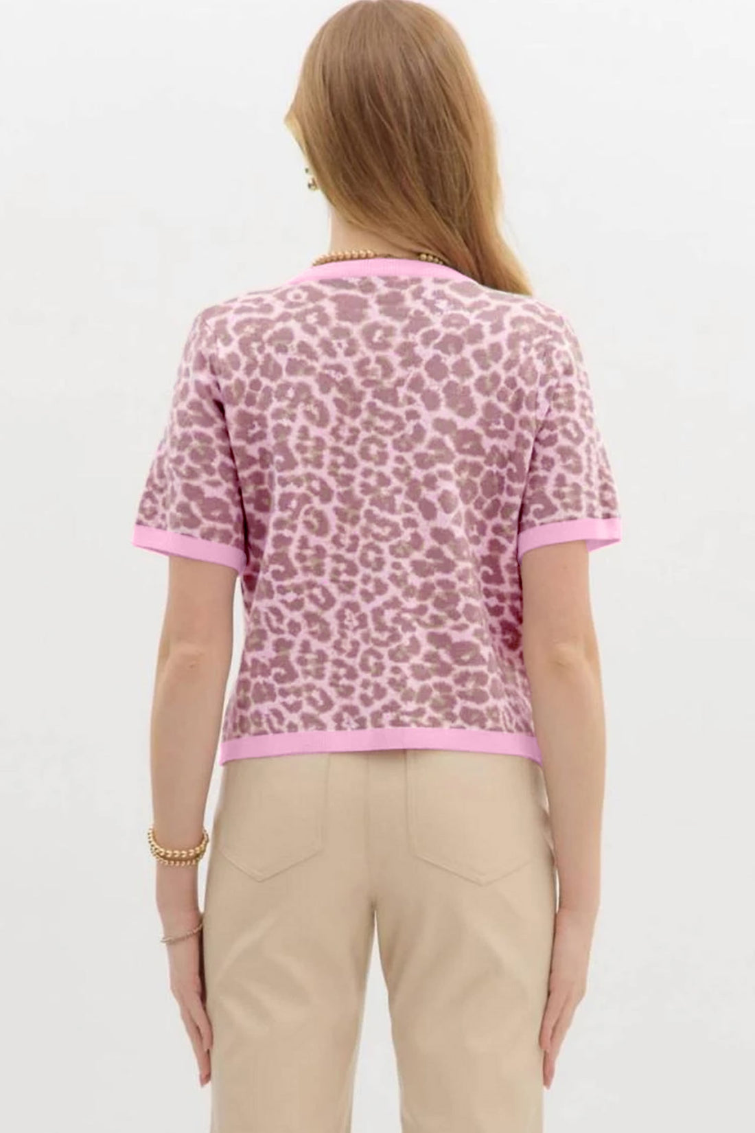 Pink Leopard Button Down Short Sleeve Sweater Cardigan