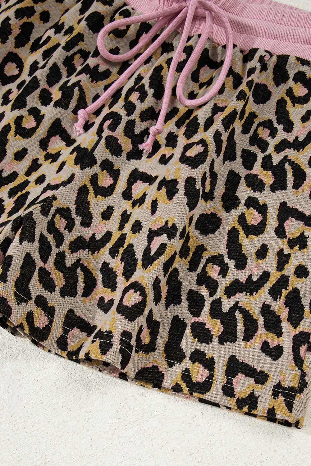 Pink Leopard Print Contrast Edge Long Sleeve Pullover Shorts Set