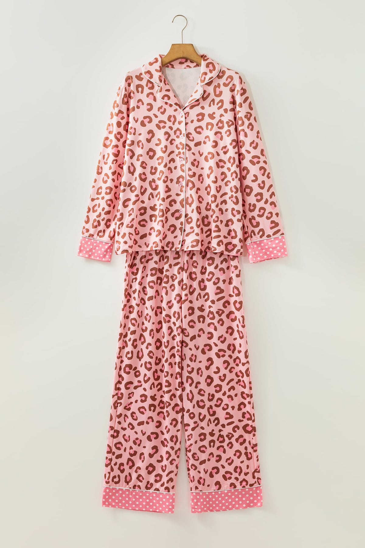 Pink Leopard Print Polka Dot Trim Lapel Shirt and Pants 2pcs Pajama Set