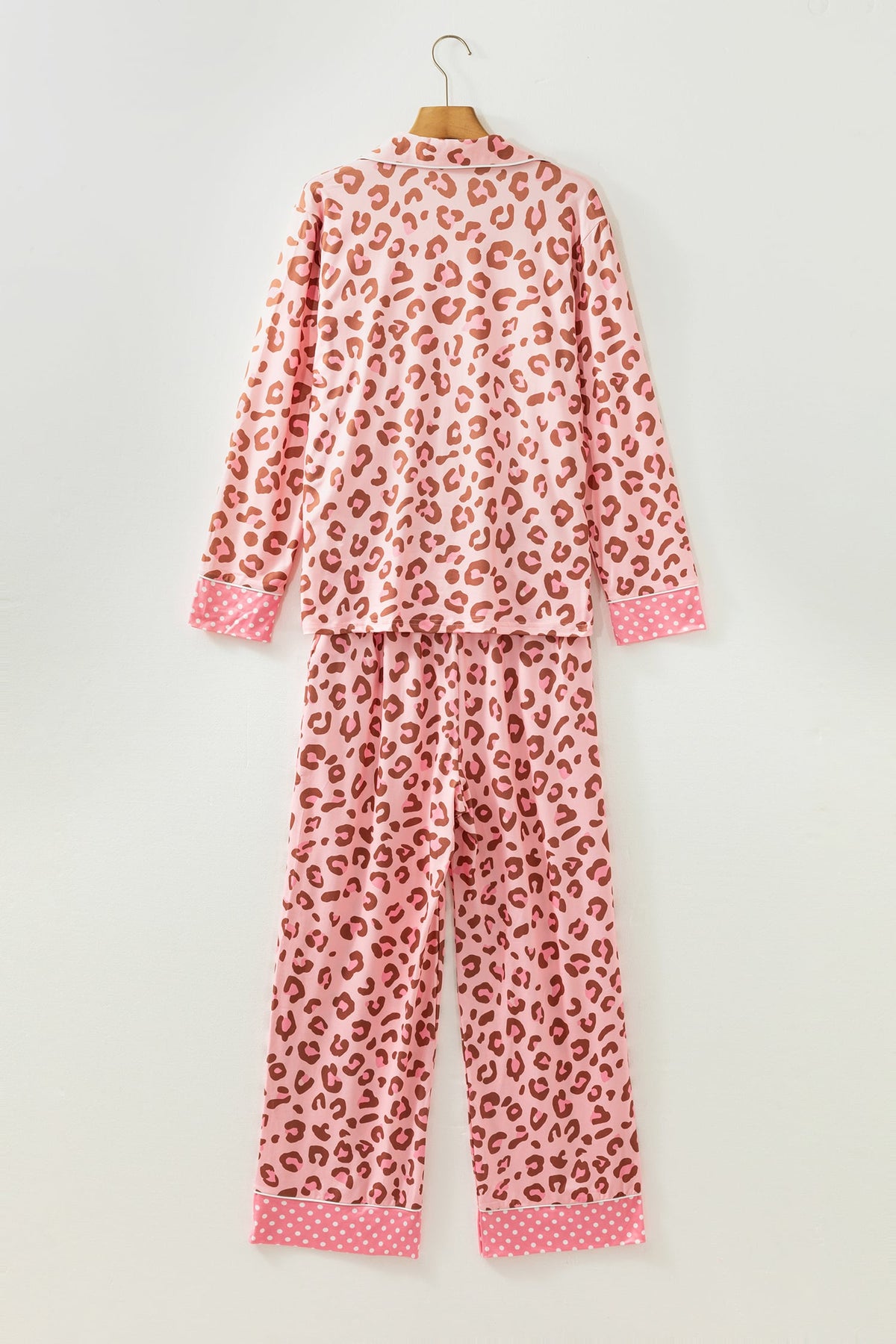 Pink Leopard Print Polka Dot Trim Lapel Shirt and Pants 2pcs Pajama Set