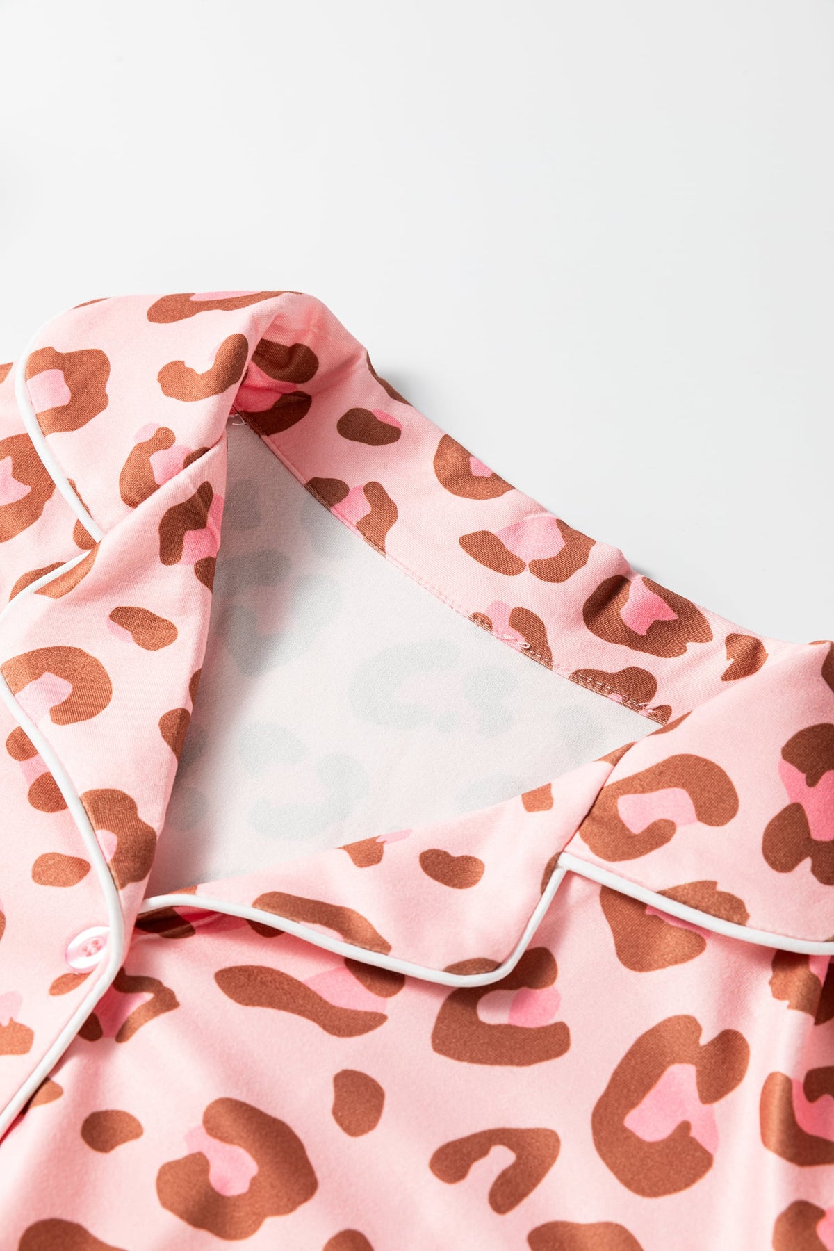 Pink Leopard Print Polka Dot Trim Lapel Shirt and Pants 2pcs Pajama Set