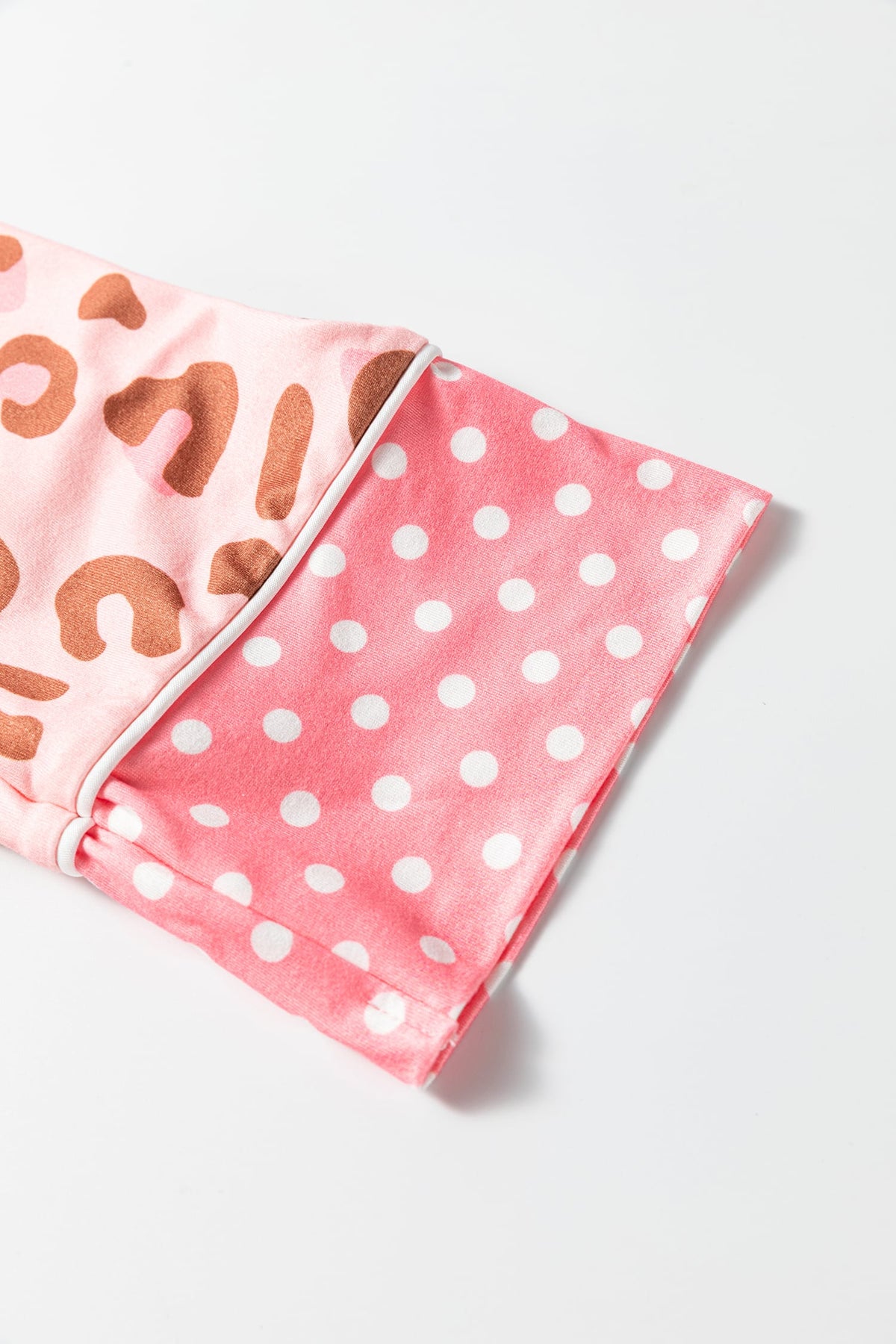 Pink Leopard Print Polka Dot Trim Lapel Shirt and Pants 2pcs Pajama Set