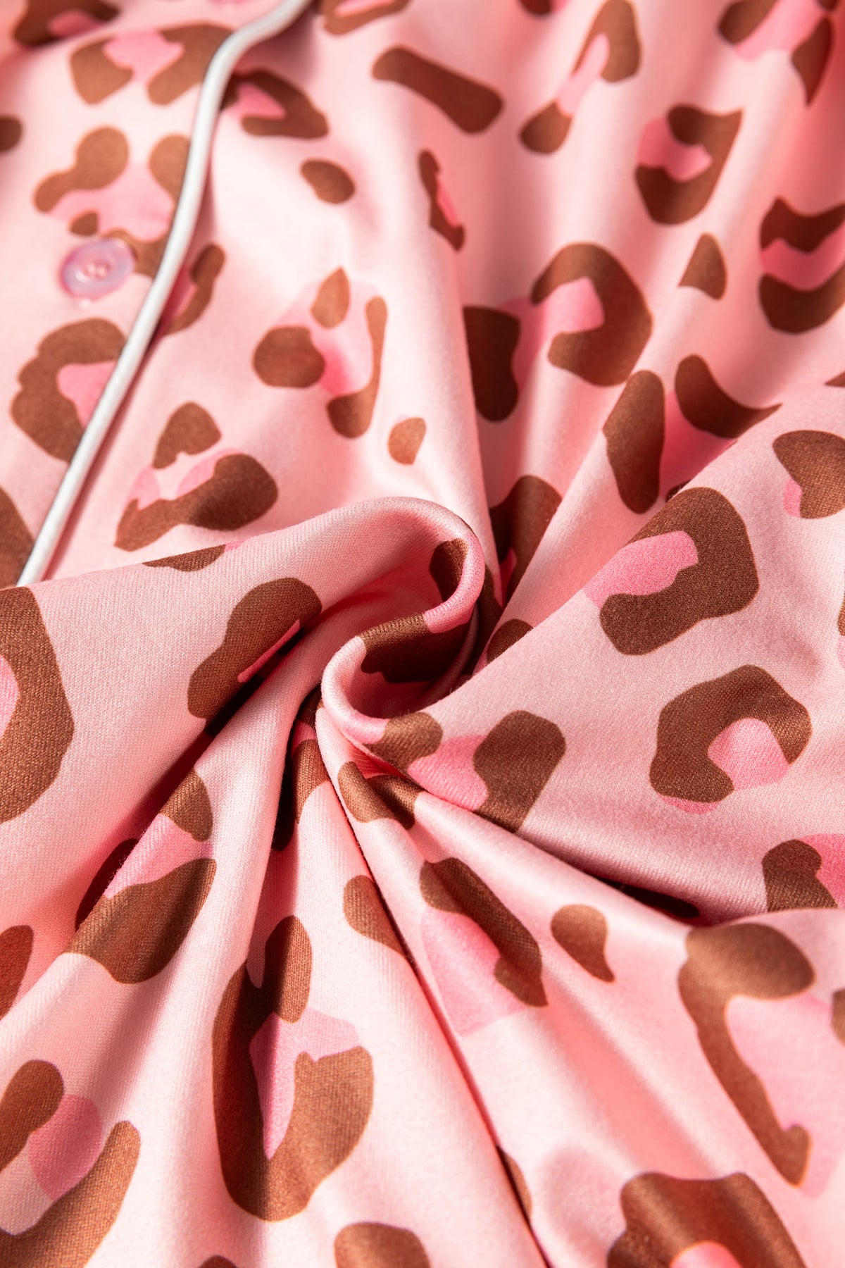 Pink Leopard Print Polka Dot Trim Lapel Shirt and Pants 2pcs Pajama Set