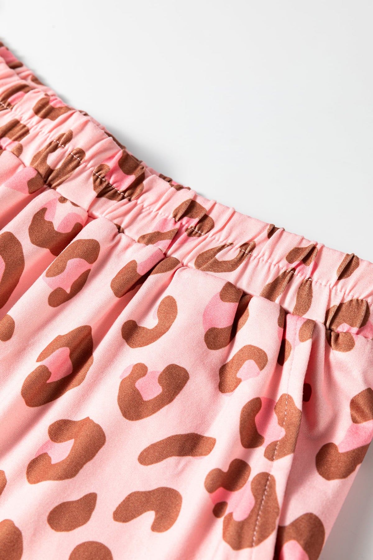 Pink Leopard Print Polka Dot Trim Lapel Shirt and Pants 2pcs Pajama Set
