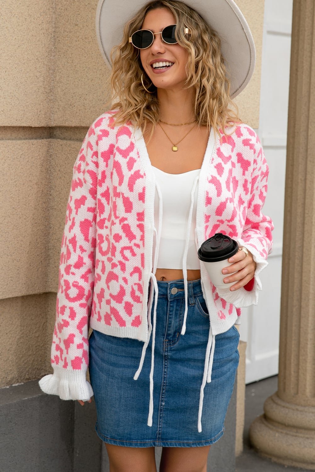 Pink Leopard Print Tie Front Frilled Cuffs Drop Shoulder Sweater Cardigan