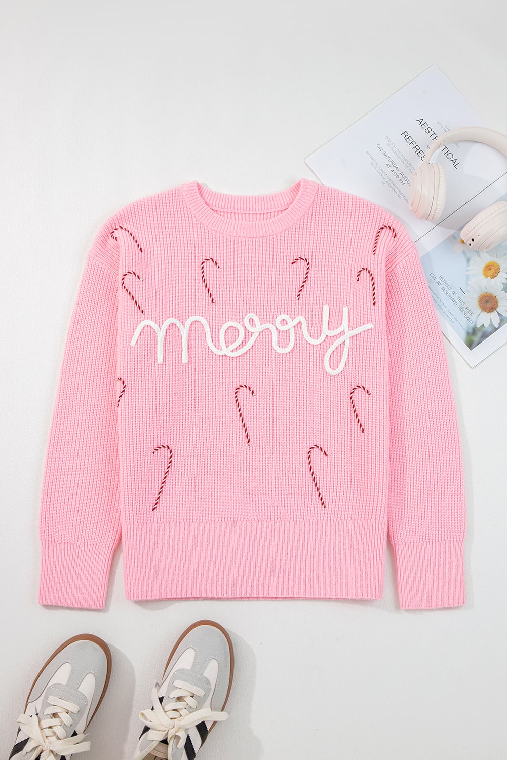 Pink Merry Candy Cane Puffy Knit Crew Neck Sweater