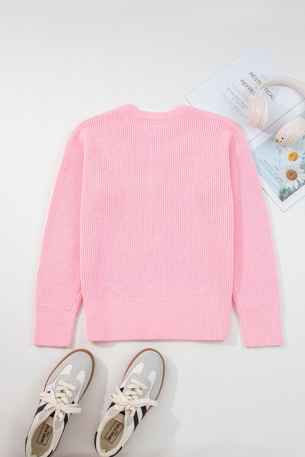 Pink Merry Candy Cane Puffy Knit Crew Neck Sweater