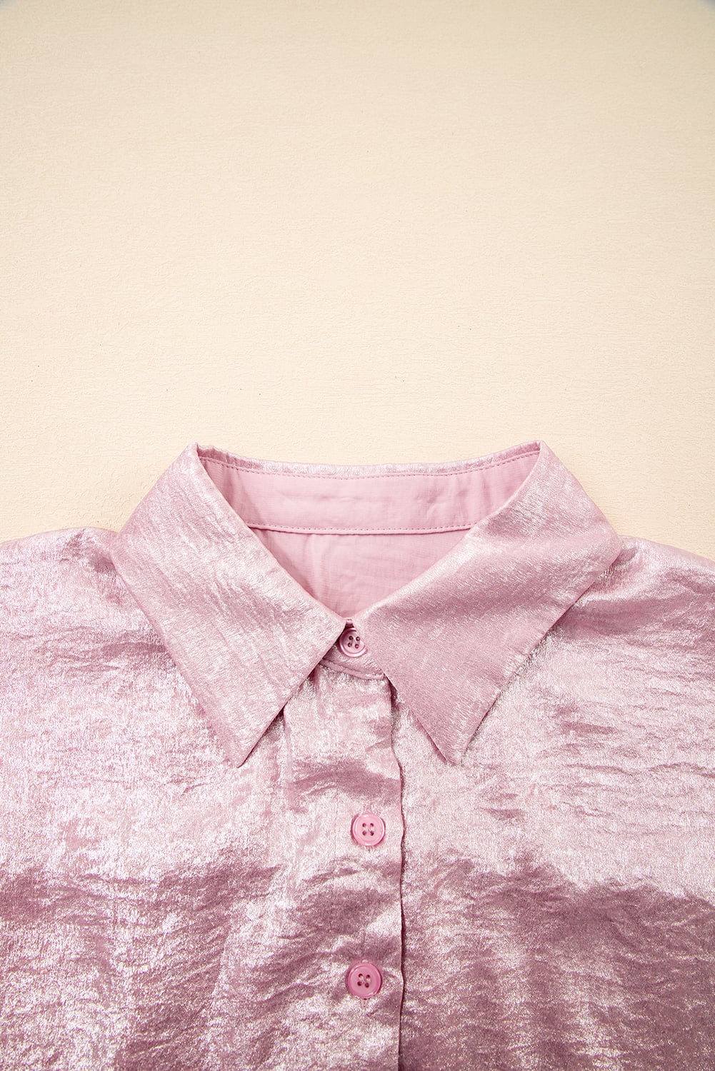 Pink Metallic Sheen Short Sleeve Buttoned Front Casual Shirt