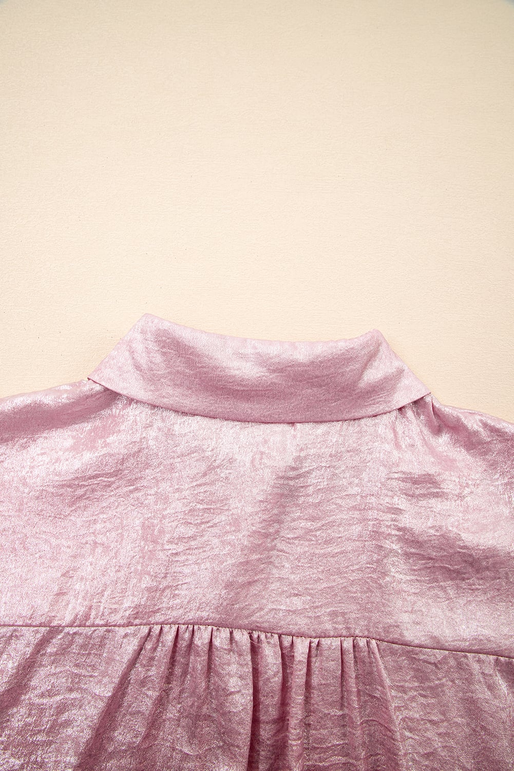 Pink Metallic Sheen Short Sleeve Buttoned Front Casual Shirt