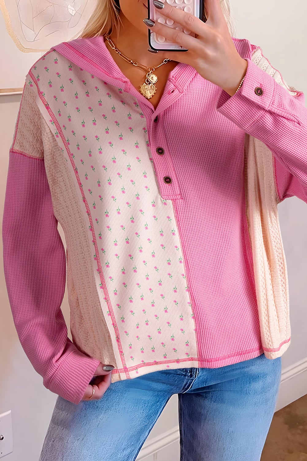 Pink Mixed Texture Waffle Floral Patchwork Hooded Oversize Pullover