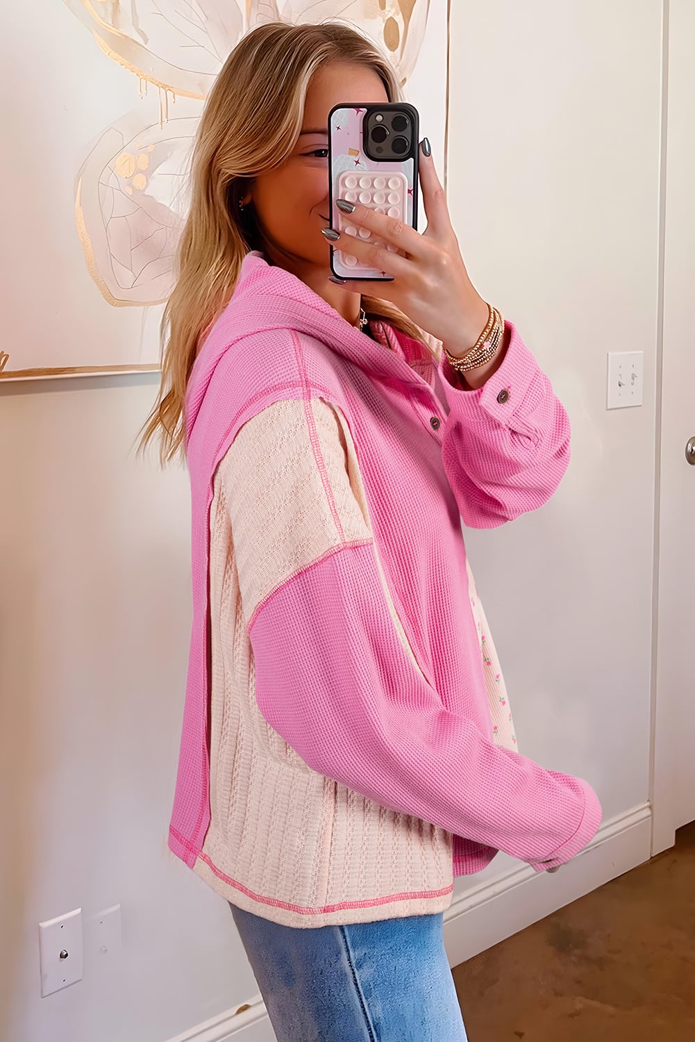 Pink Mixed Texture Waffle Floral Patchwork Hooded Oversize Pullover