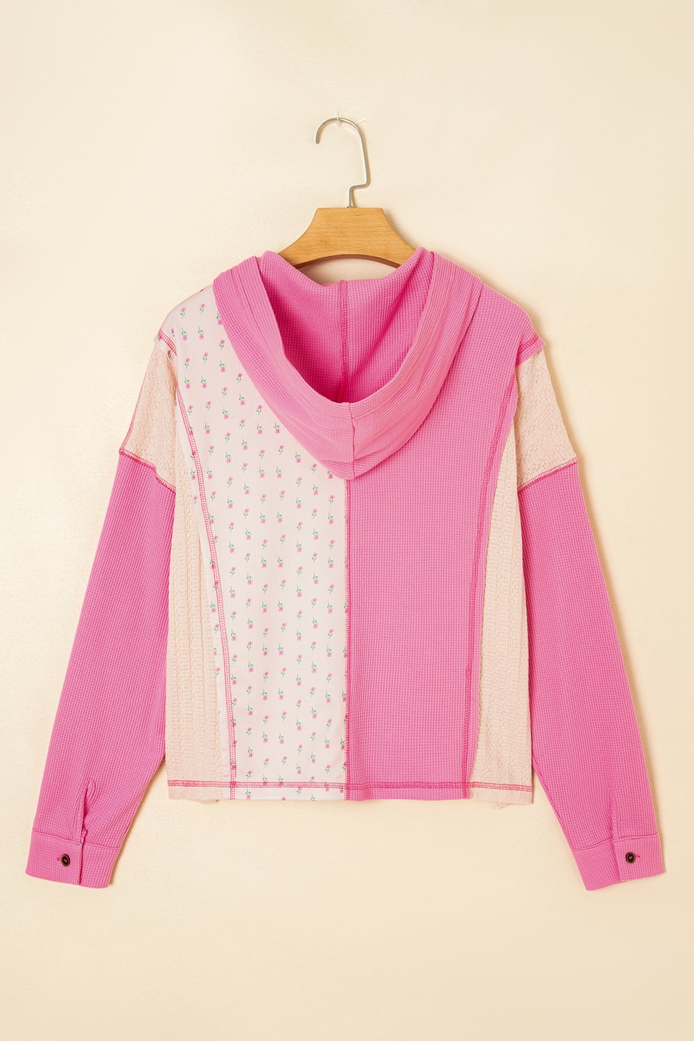 Pink Mixed Texture Waffle Floral Patchwork Hooded Oversize Pullover