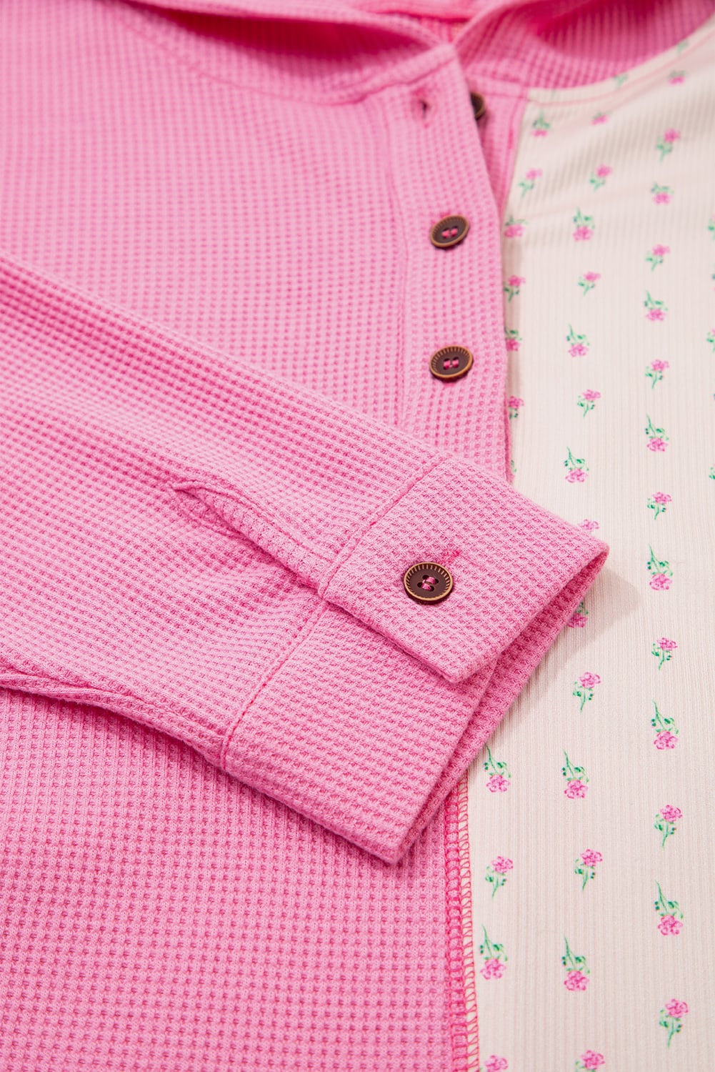 Pink Mixed Texture Waffle Floral Patchwork Hooded Oversize Pullover