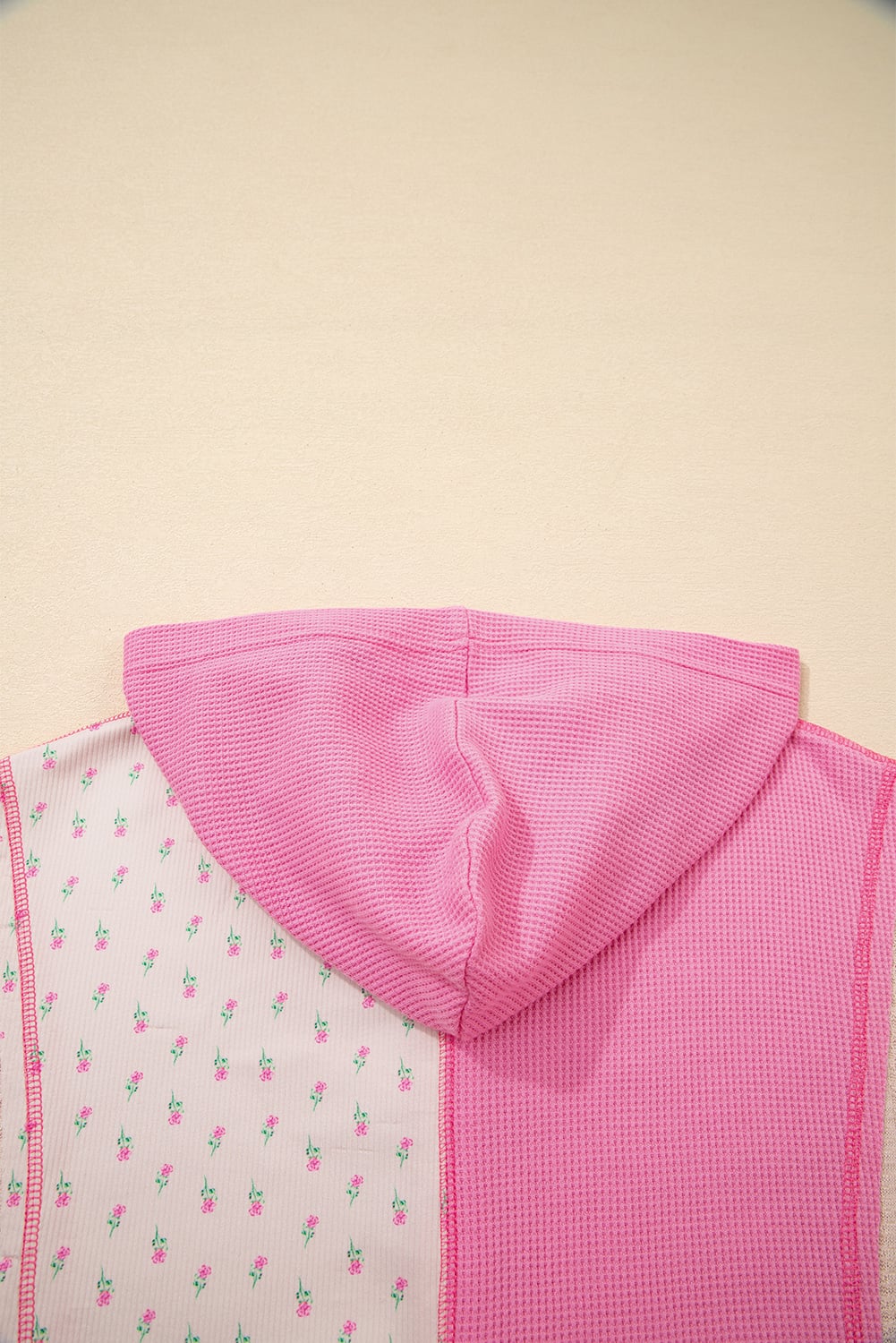 Pink Mixed Texture Waffle Floral Patchwork Hooded Oversize Pullover