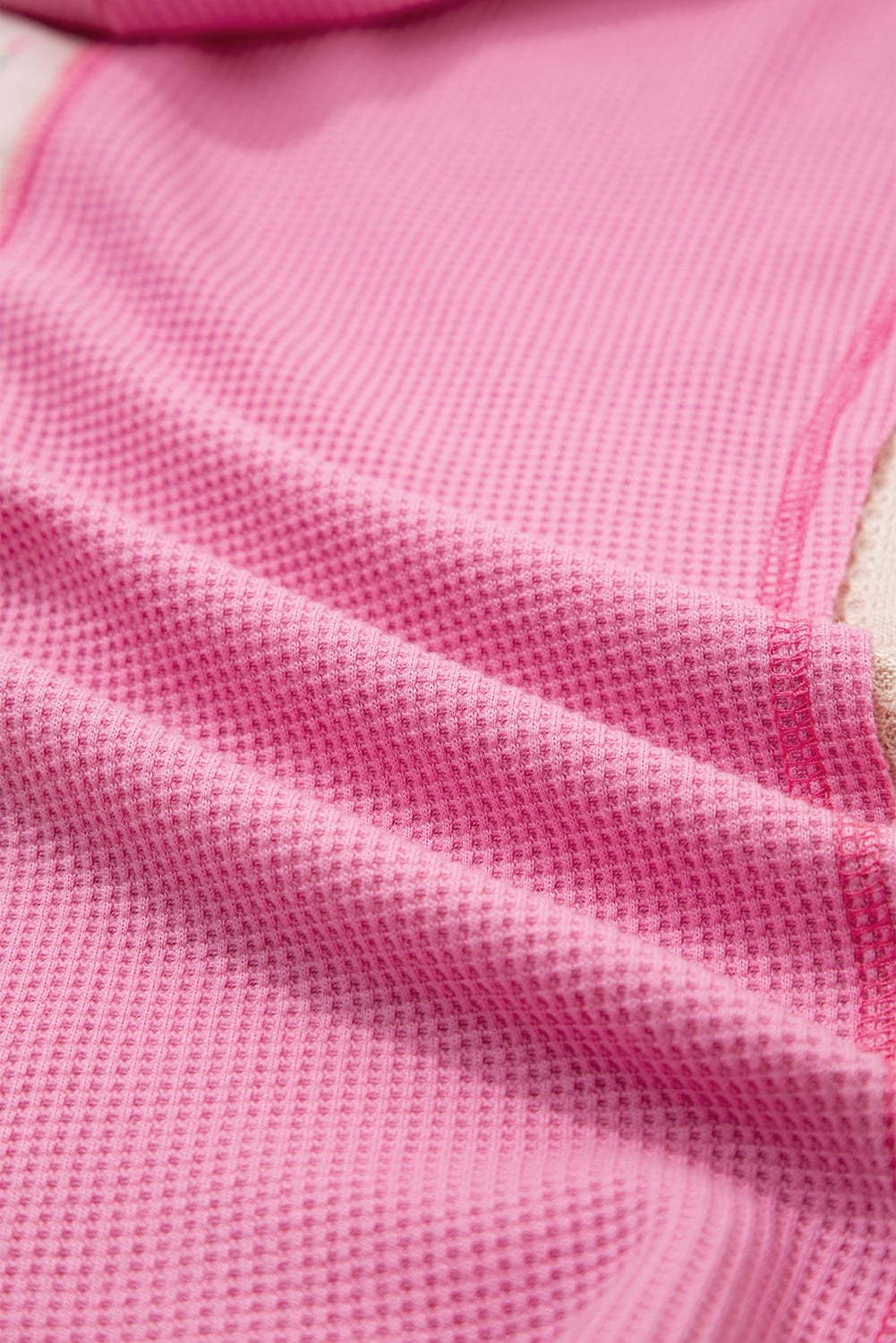 Pink Mixed Texture Waffle Floral Patchwork Hooded Oversize Pullover
