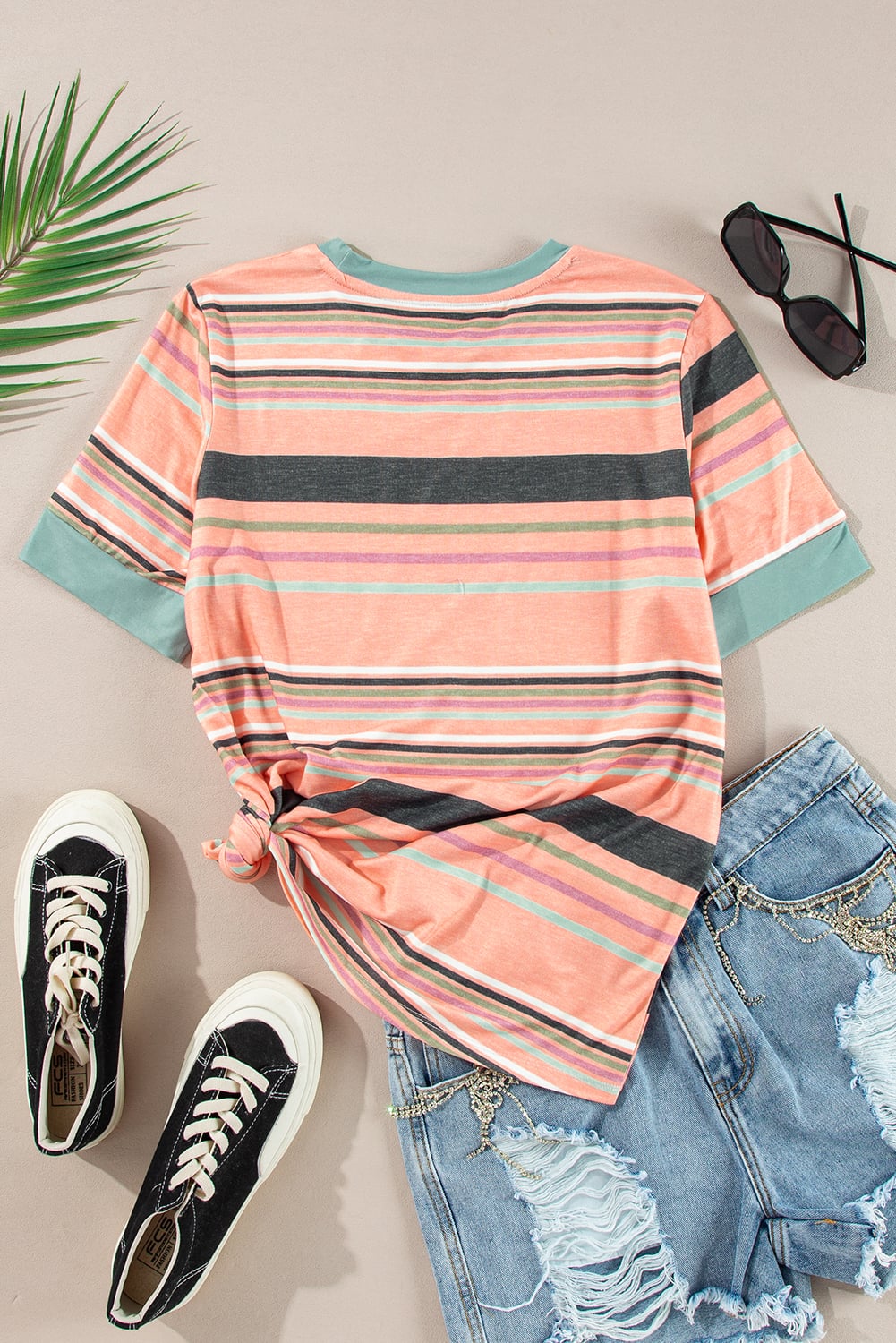 Pink Multicolor Stripes Crew Neck T Shirt