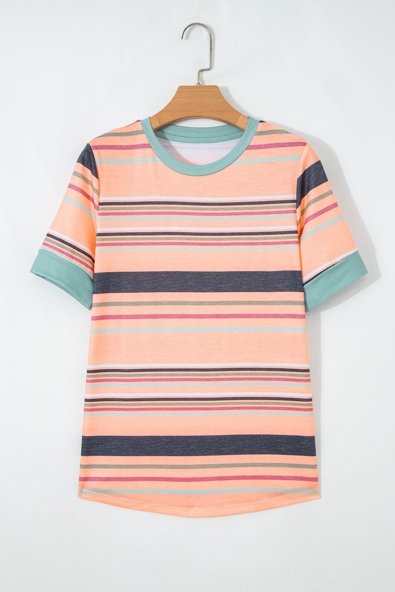 Pink Multicolor Stripes Crew Neck T Shirt