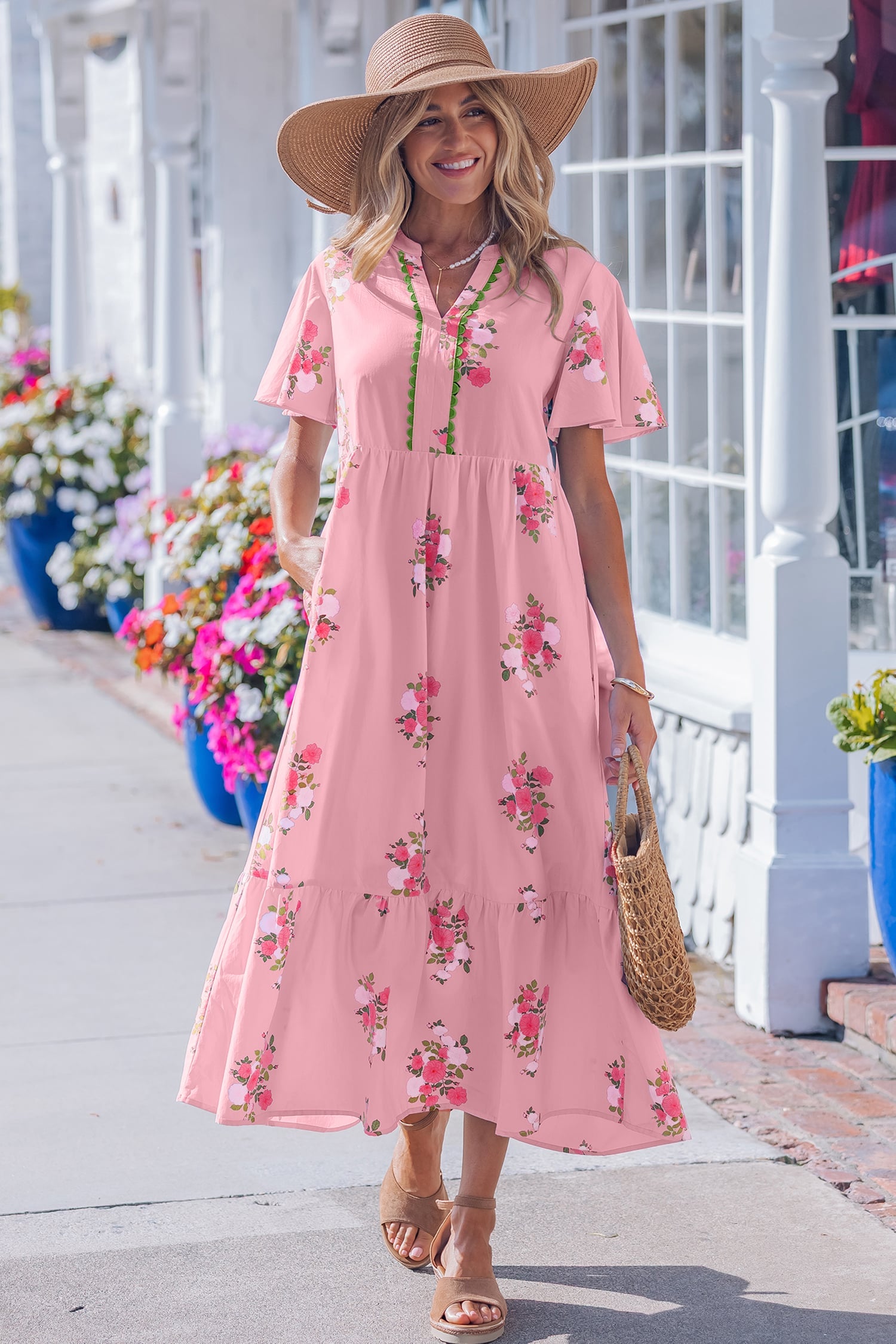 Pink Notched Neck Flutter Short Sleeve Floral Print Maxi Dress