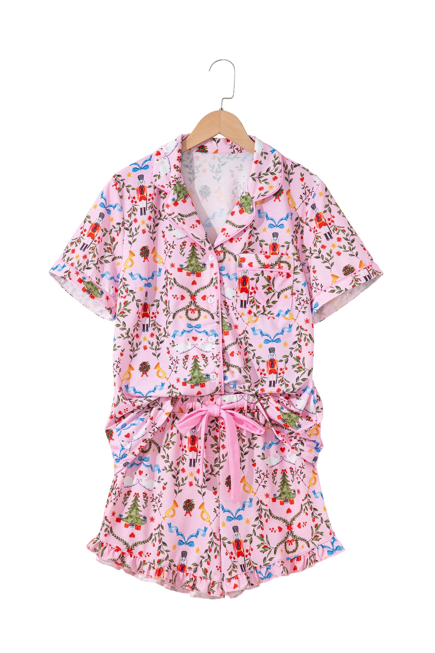 Pink Nutcracker Doll Christmas Print Ribbon Tie Waist Short 2pcs Pajama Set