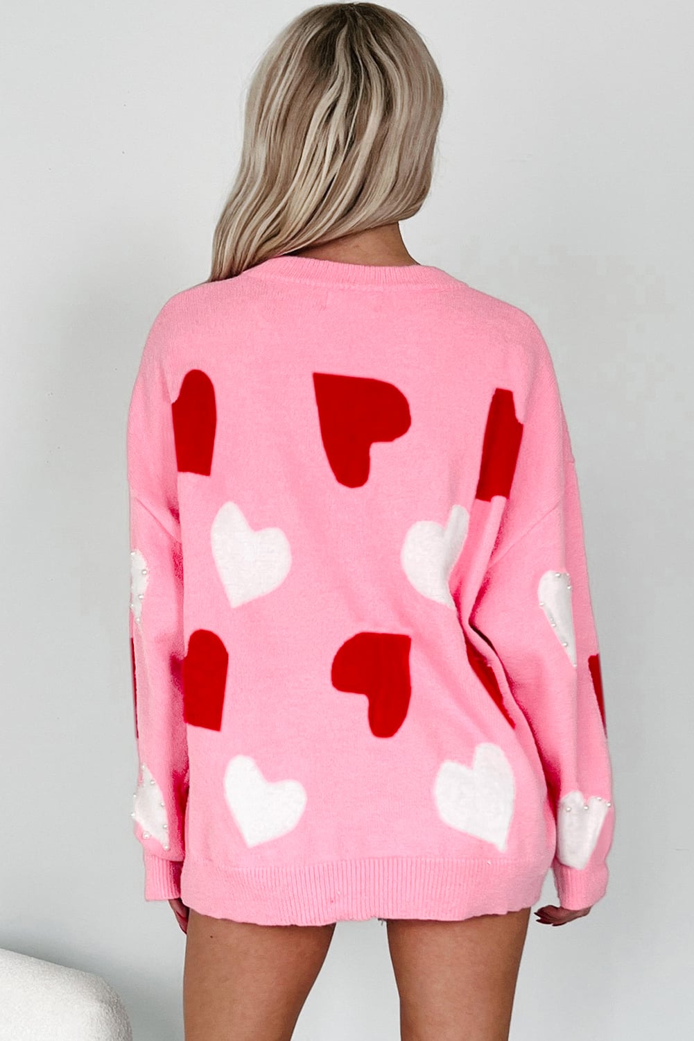 Pink Pearl Embellished Heart Pattern Valentines Day Sweater