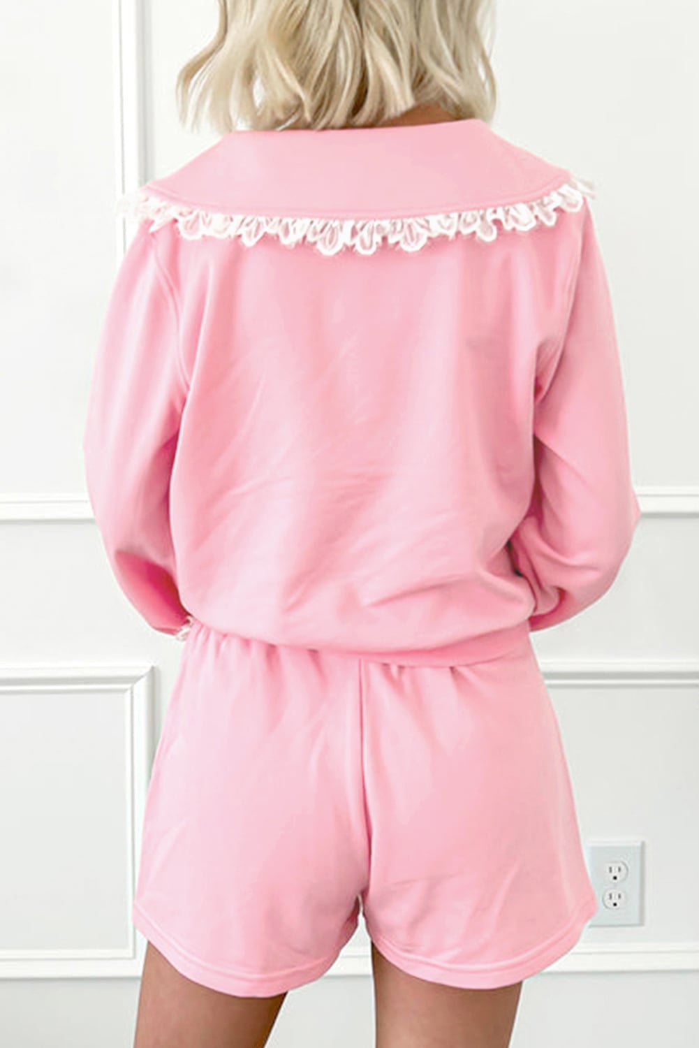Pink Peter Pan Lace Embellished Neck Collision Sweatshirt and Skirt Two Piece Set