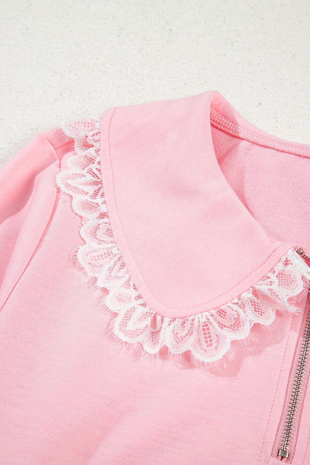Pink Peter Pan Lace Embellished Neck Collision Sweatshirt and Skirt Two Piece Set