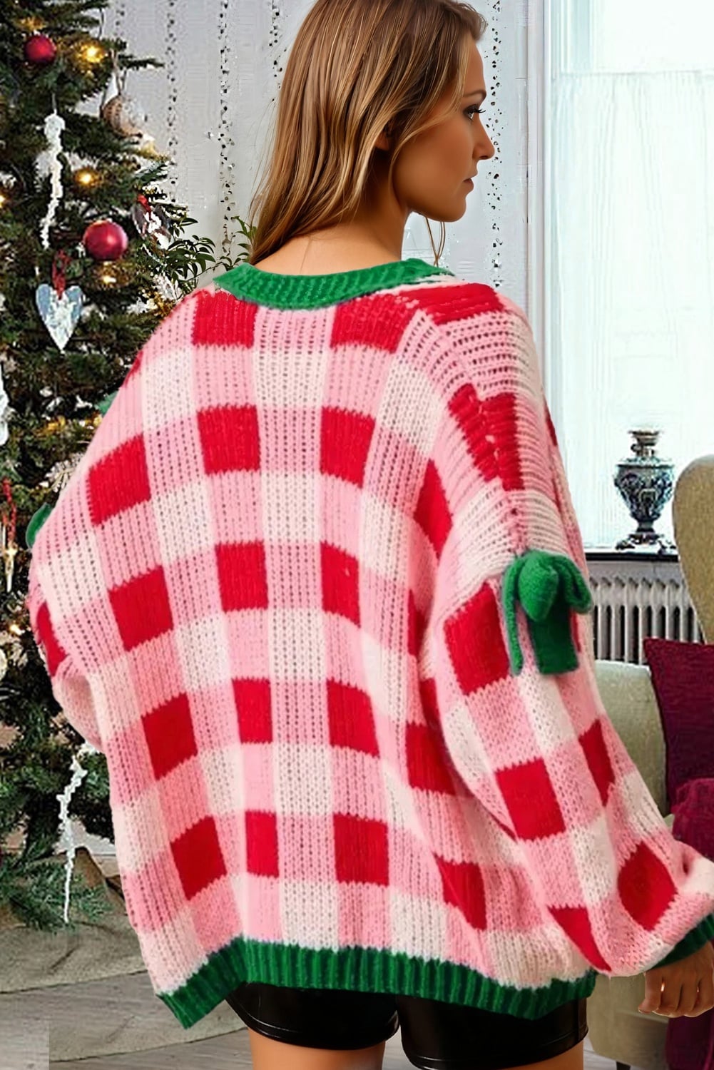 Pink Plaid Knit Bow Knot Decor Open Front Sweater Cardigan