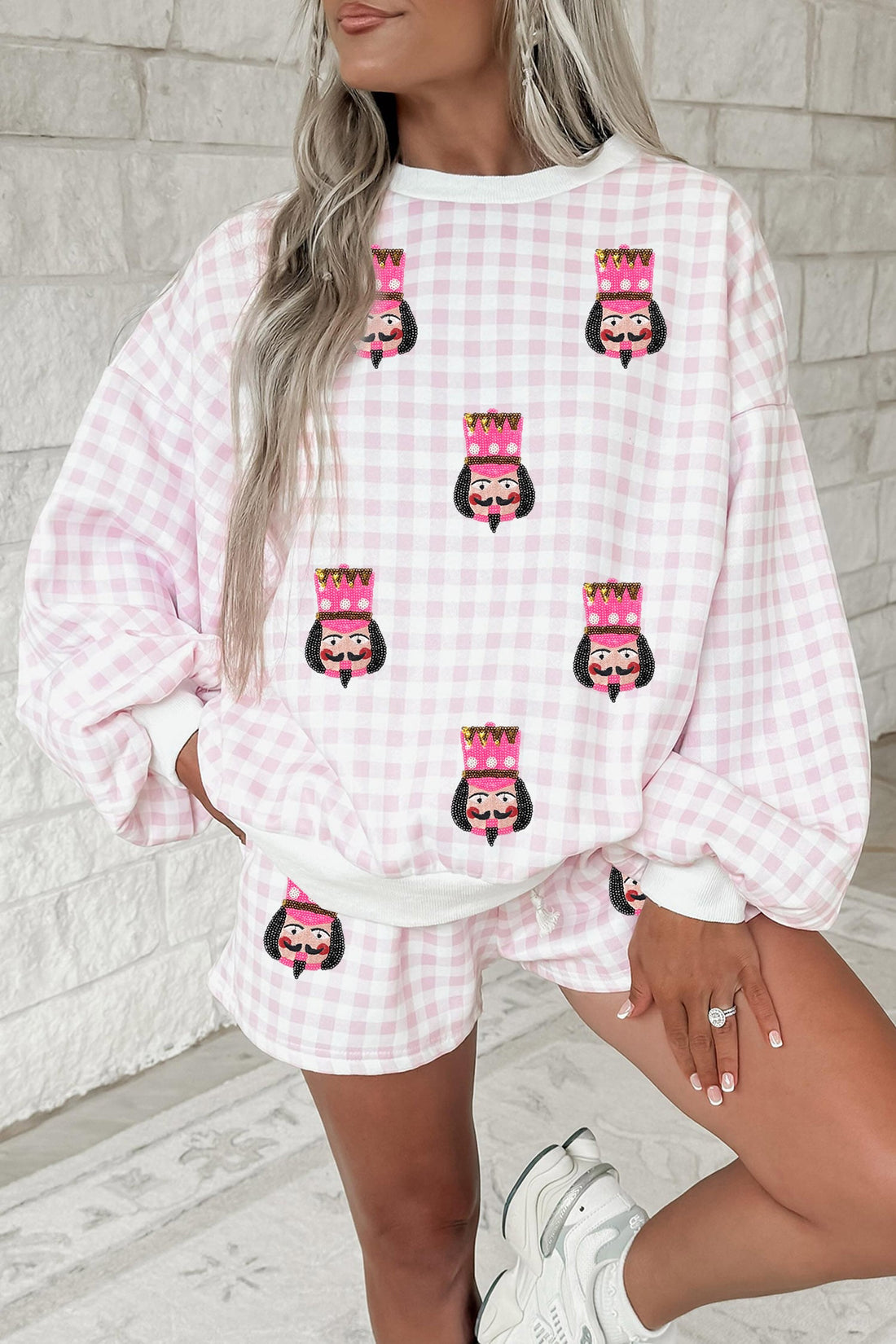 Pink Plaid Sequin Nutcracker Graphic Long Sleeve Shorts Set