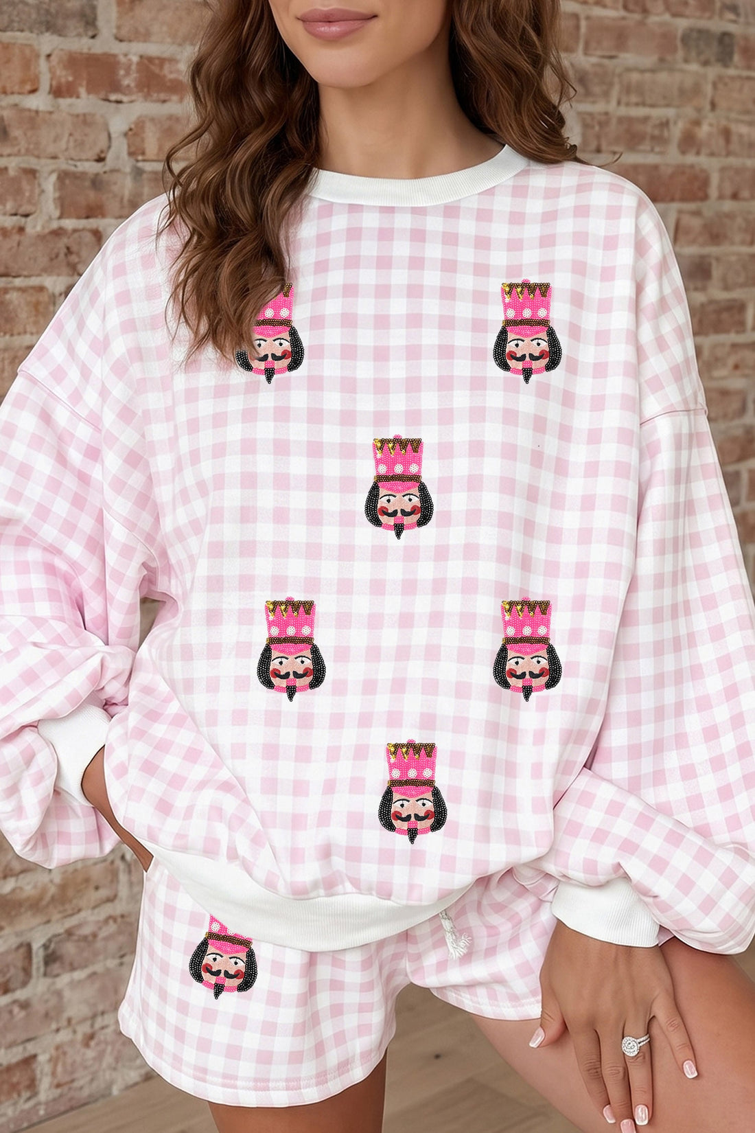 Pink Plaid Sequin Nutcracker Graphic Long Sleeve Shorts Set