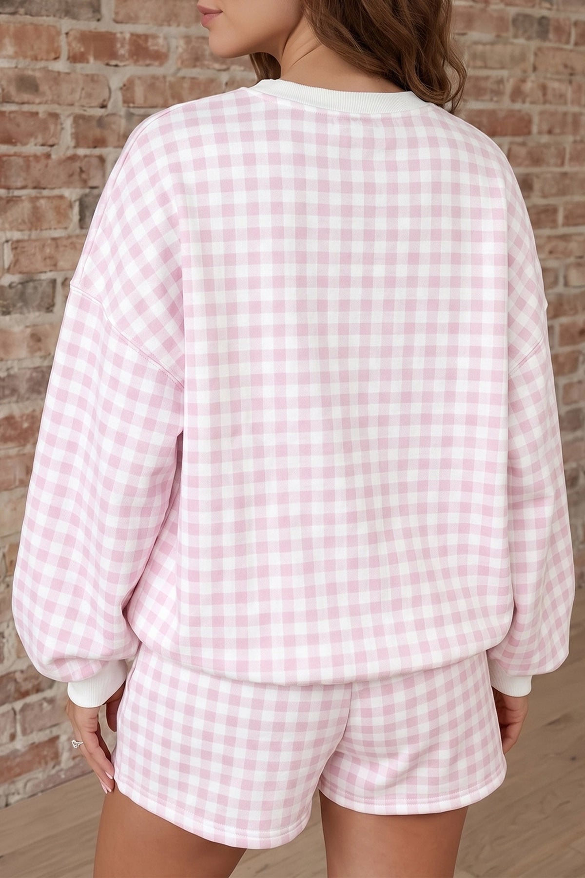 Pink Plaid Sequin Nutcracker Graphic Long Sleeve Shorts Set