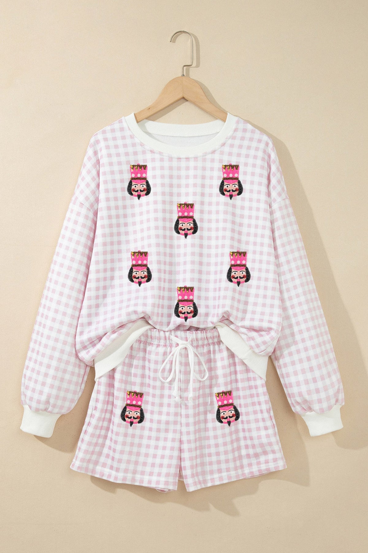 Pink Plaid Sequin Nutcracker Graphic Long Sleeve Shorts Set