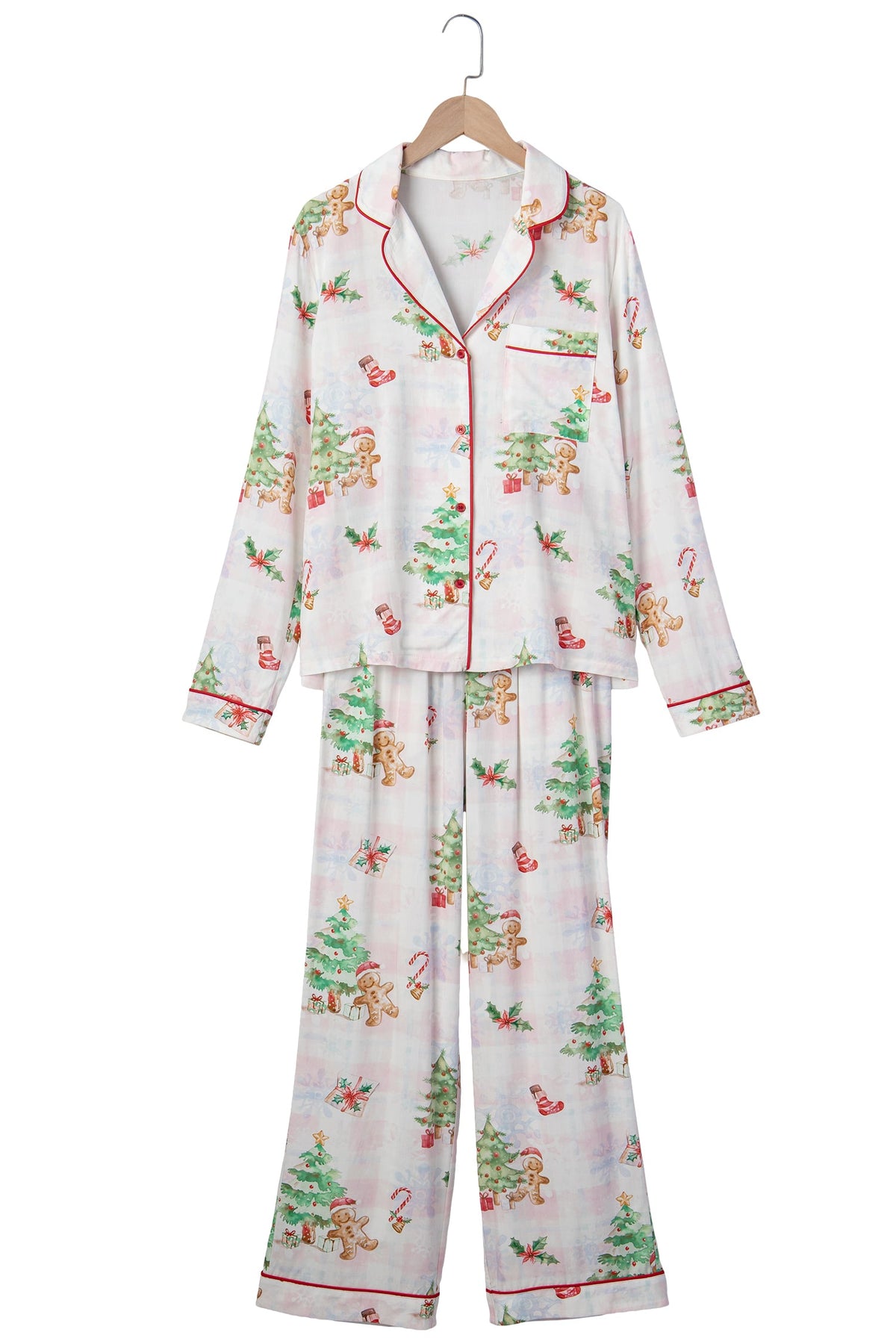 Pink Plaid Snowflake Christmas Gingerbread Man Print Long 2pcs Lounge Set