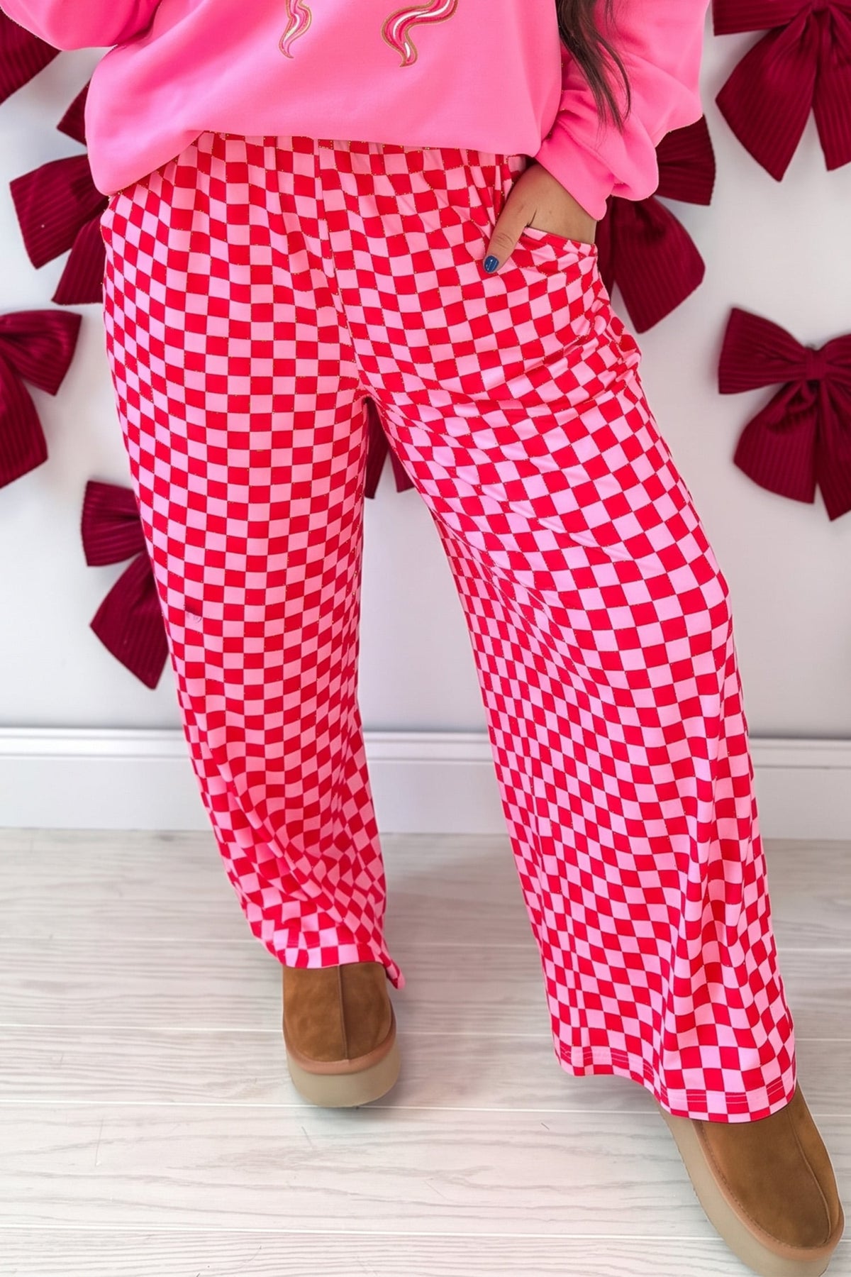 Pink Plus Size Checkered Pattern Loose Casual Pants