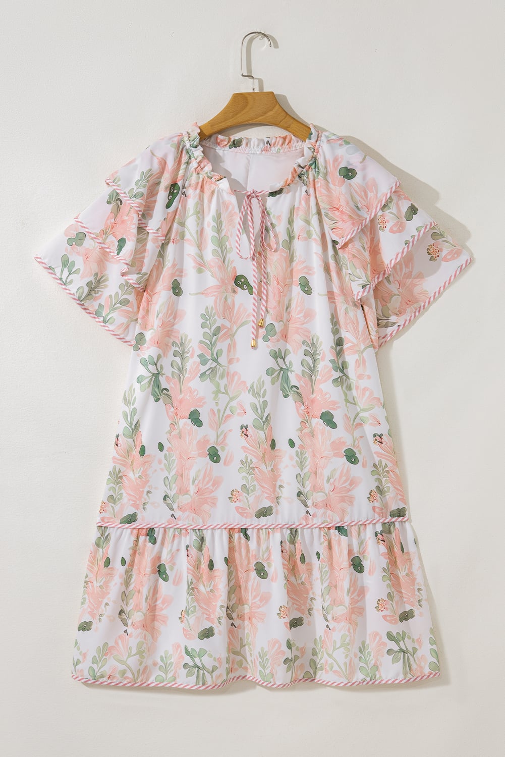Pink Plus Size Floral Print Striped Detail Short Summer Dress