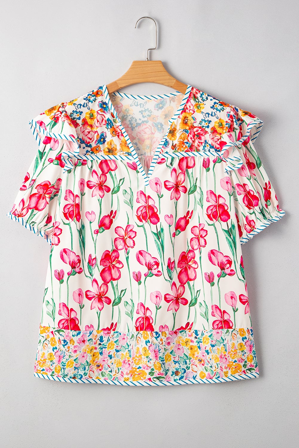 Pink Plus Size Floral Print Striped Trim V Neck Blouse