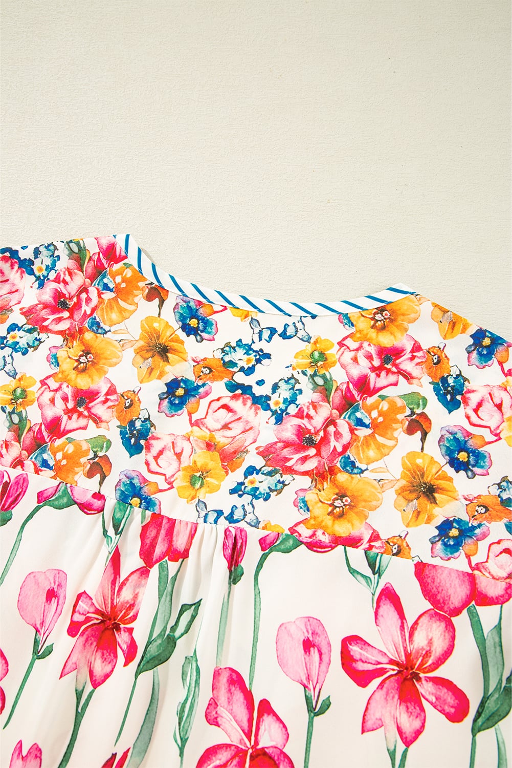 Pink Plus Size Floral Print Striped Trim V Neck Blouse