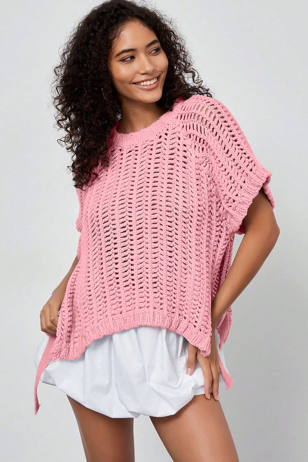 Pink Plus Size Open Knit Bow Tie Short Sleeve Sweater