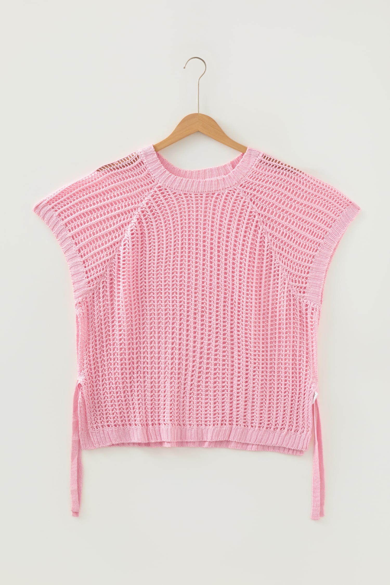 Pink Plus Size Open Knit Bow Tie Short Sleeve Sweater