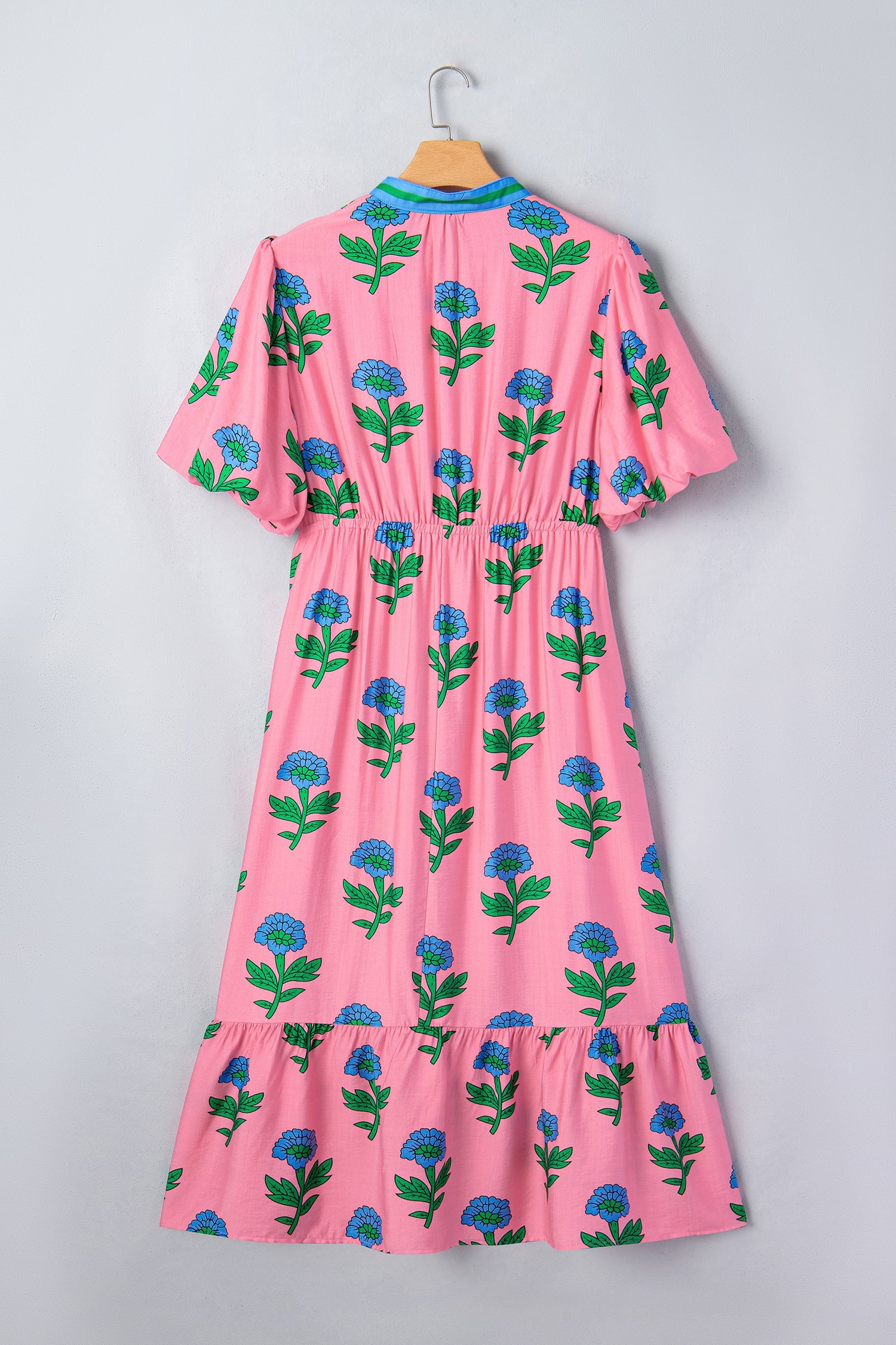 Pink Plus Size Striped V Neck Ruffled Floral Long Dress