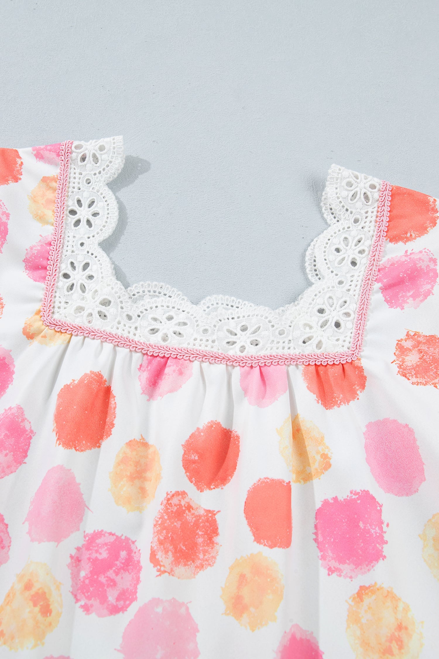 Pink Polka Dot Lace Trim Square Neck Puff Sleeve Blouse