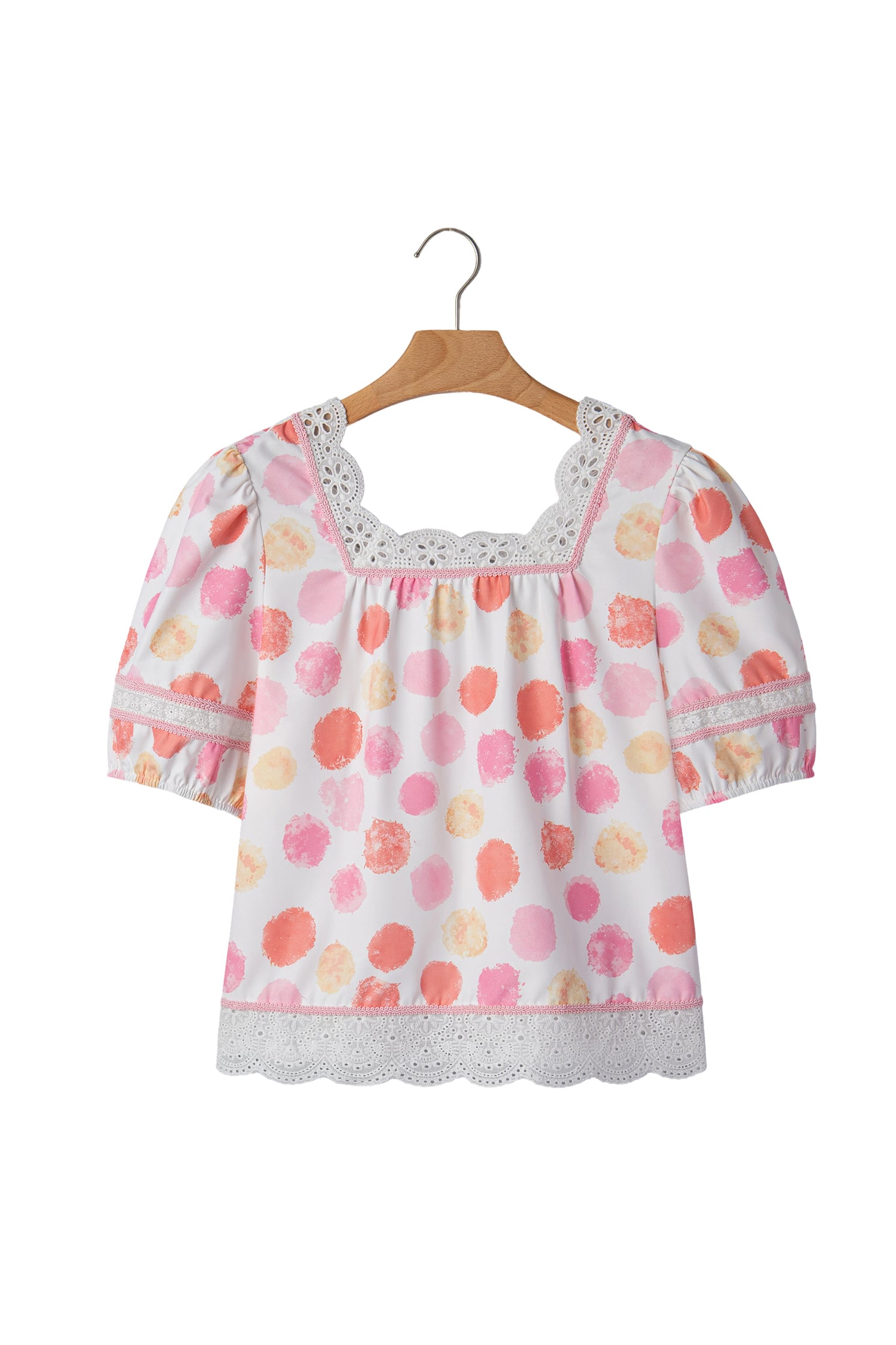 Pink Polka Dot Lace Trim Square Neck Puff Sleeve Blouse