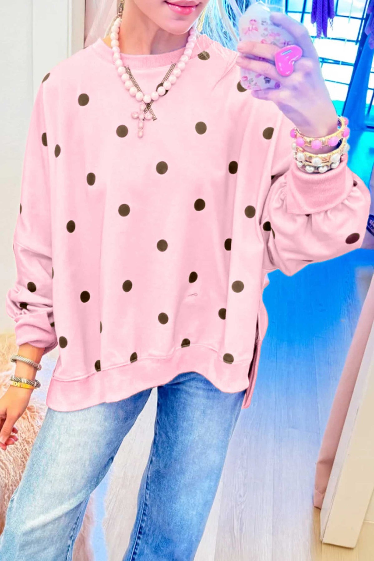 Pink Polka Dot Loose Long Sleeve Split Hem Pullover Top
