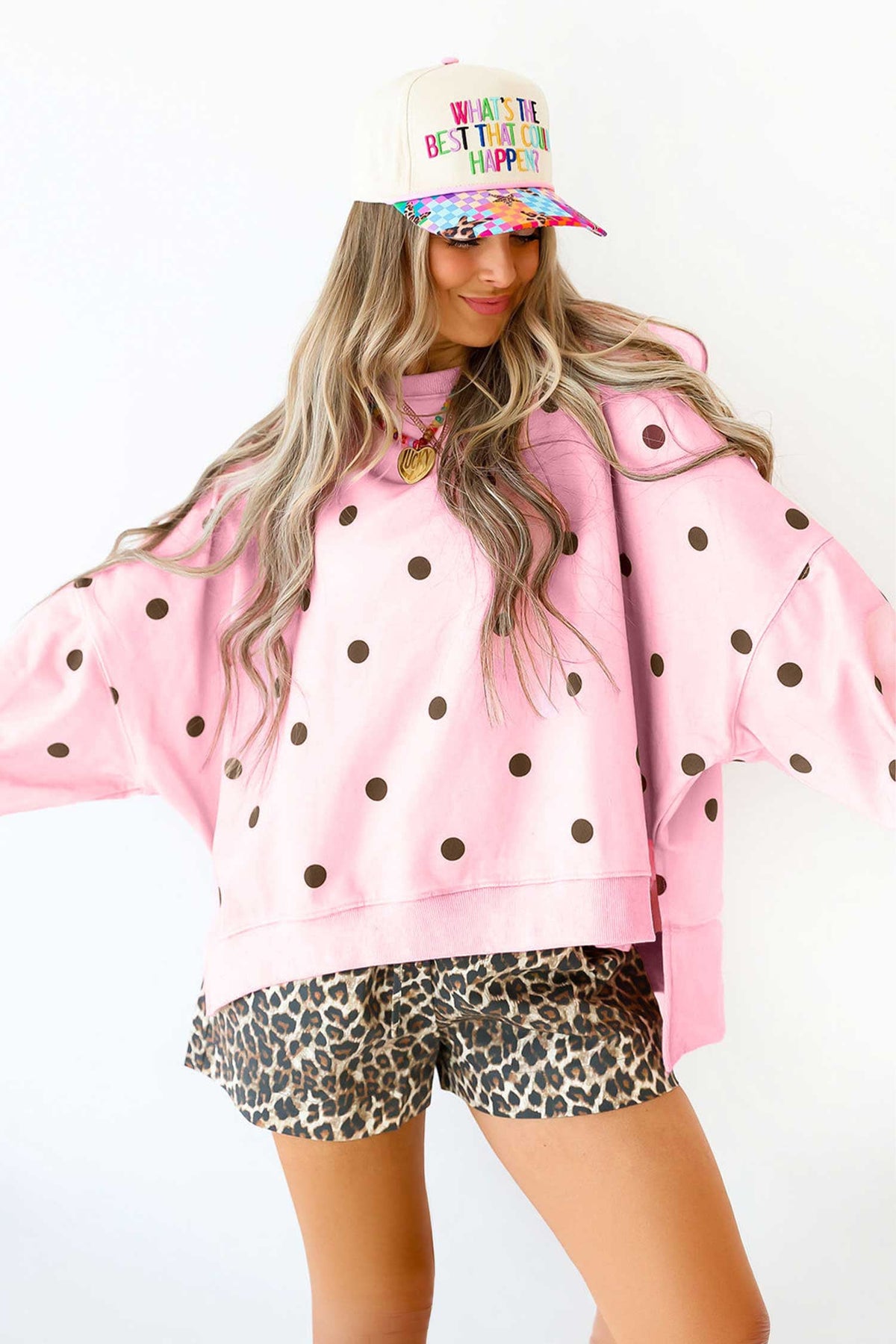Pink Polka Dot Loose Long Sleeve Split Hem Pullover Top