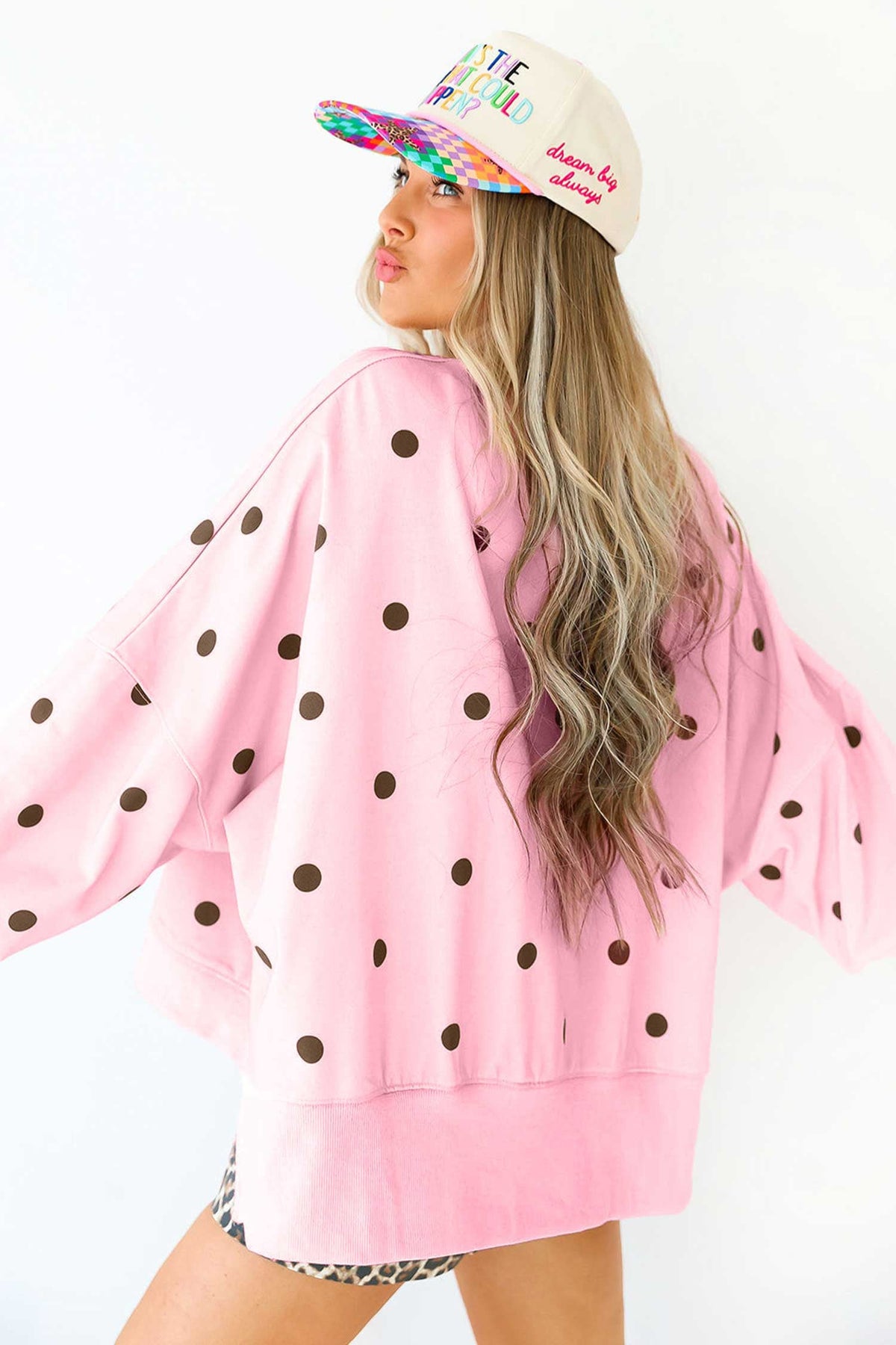 Pink Polka Dot Loose Long Sleeve Split Hem Pullover Top