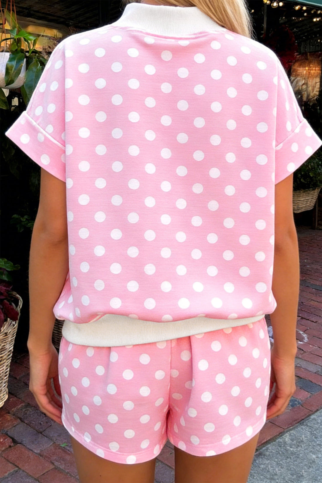Pink Polka Dot Print Color Block Trim Mock Neck Short Set