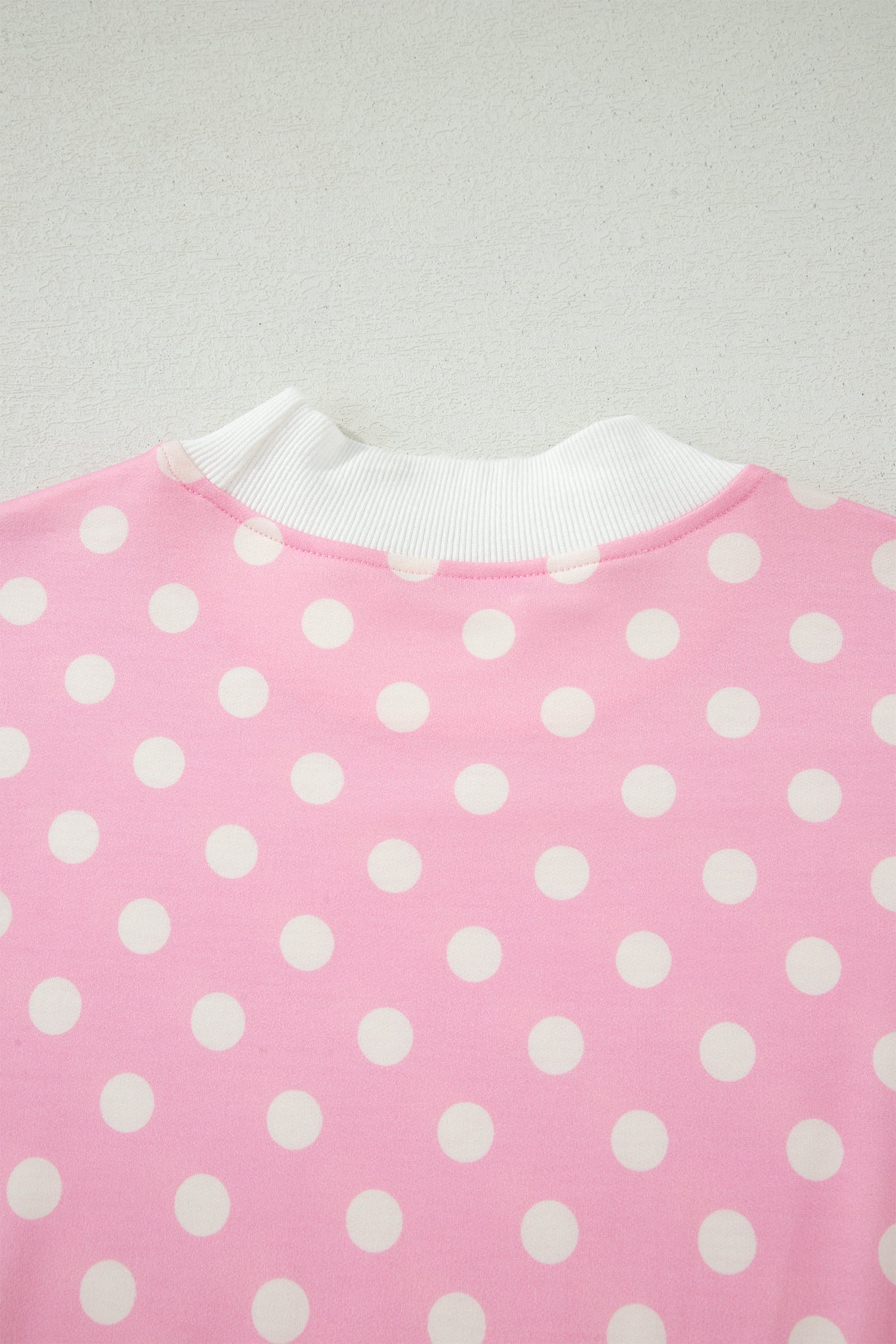 Pink Polka Dot Print Color Block Trim Mock Neck Short Set