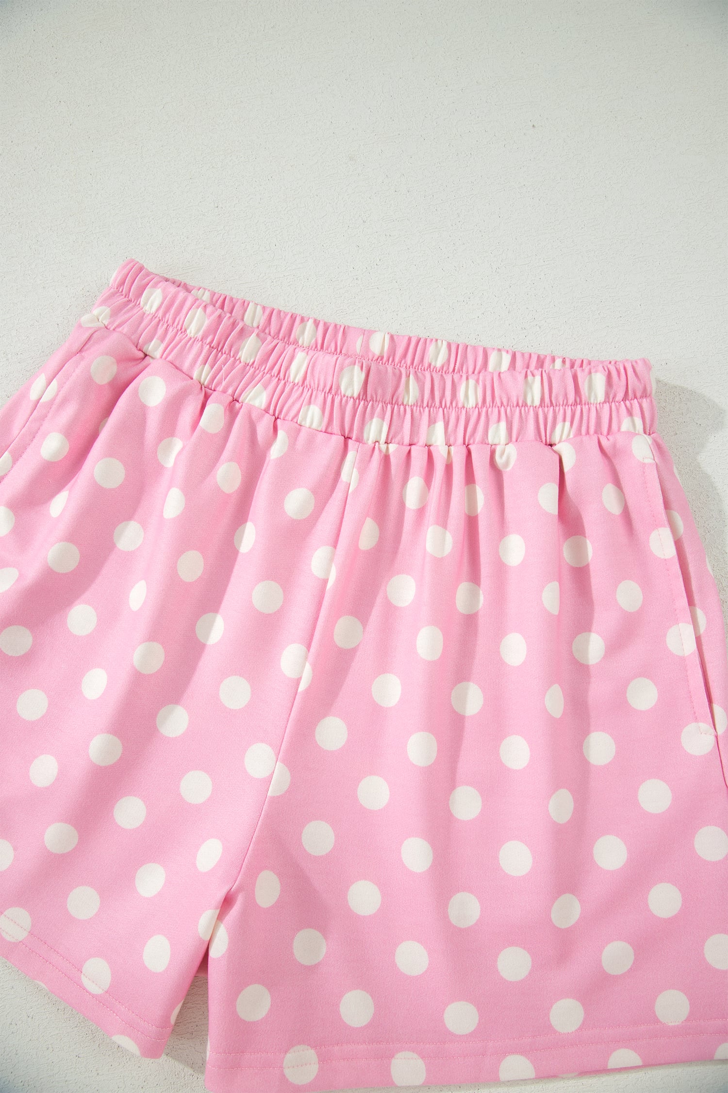 Pink Polka Dot Print Color Block Trim Mock Neck Short Set